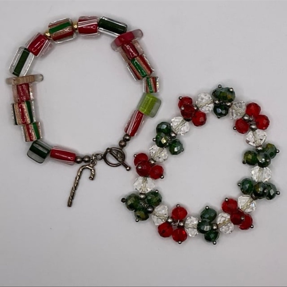 Christmas Holiday Bracelet Lot Art Glass Crystals Red Green